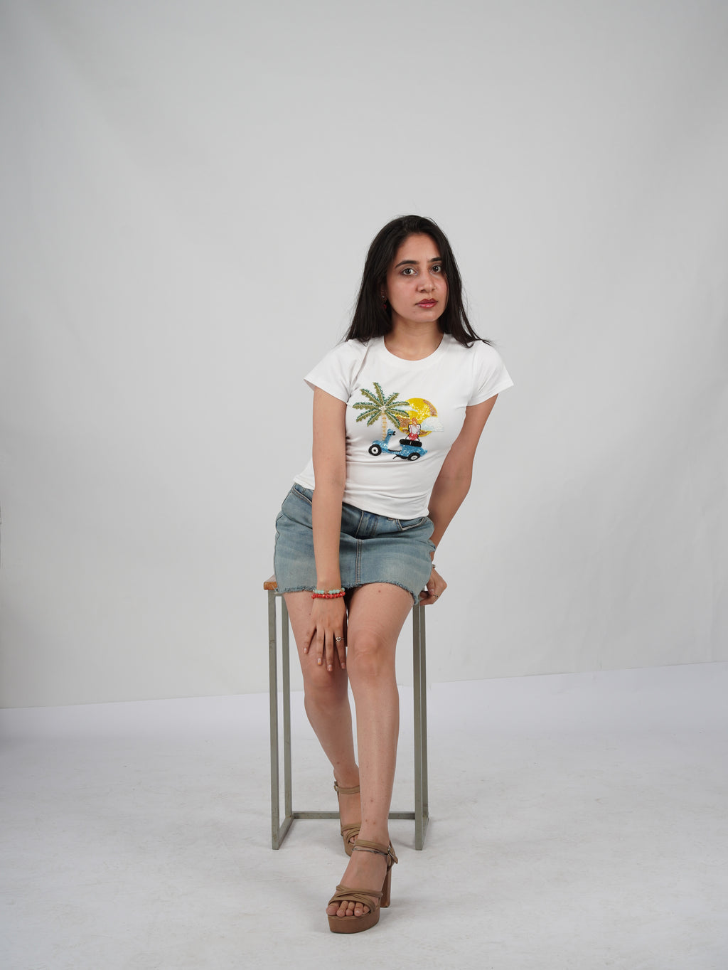 AZURE Top with scenic hand-embroidered artwork