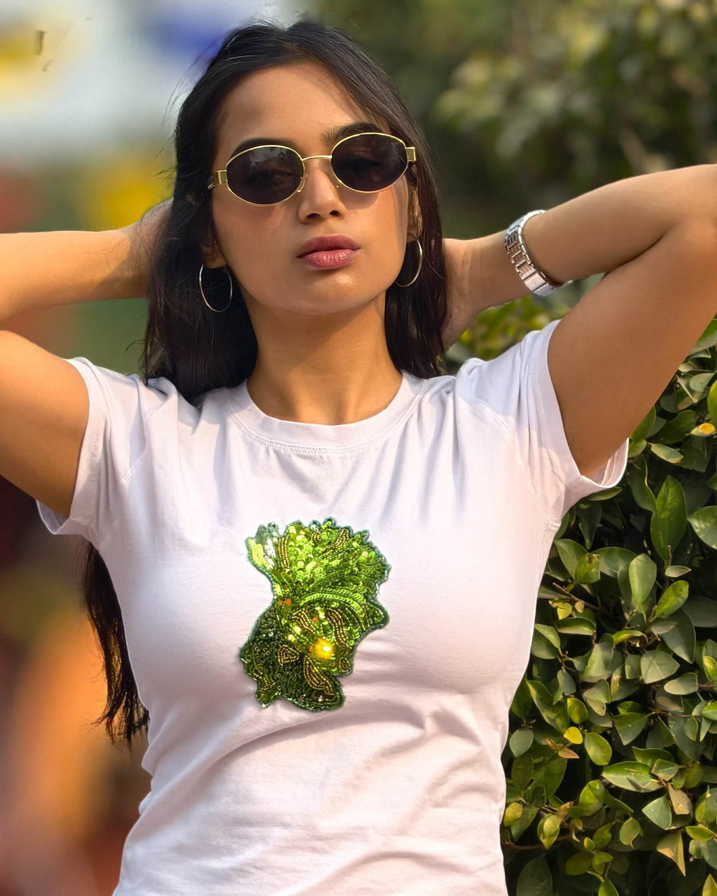 Ayla Top - white top with hand-embroidered emerald sequins