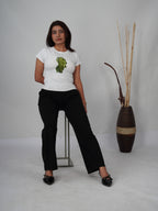 Ayla Top white cotton blend top with intricate green sequin and Cutdana embroidery