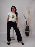 Ayla Top white hand-embroidered top with green sequins beads and gold Cutdana