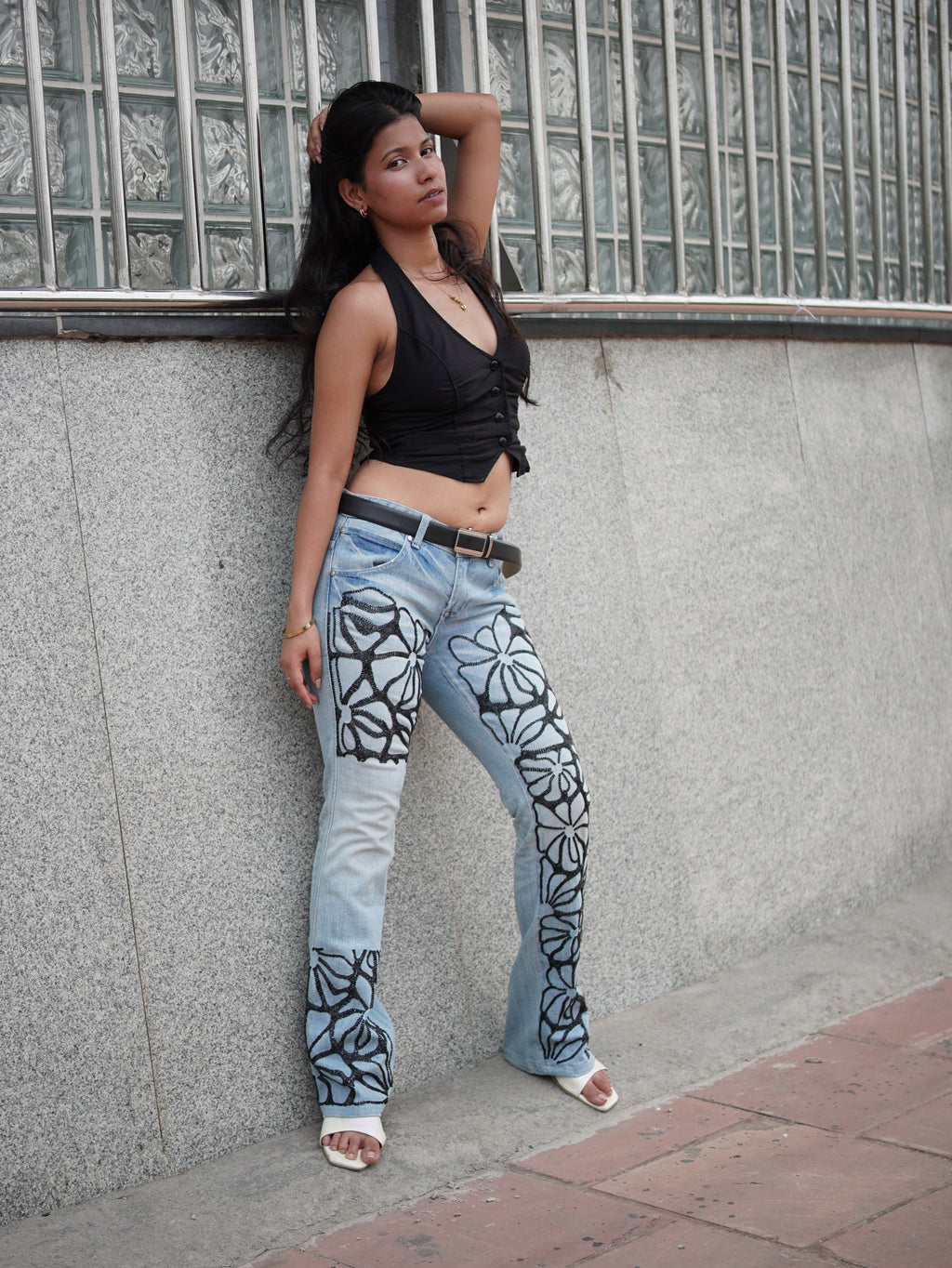 Bloom Story Denim - blue hand-embroidered denim