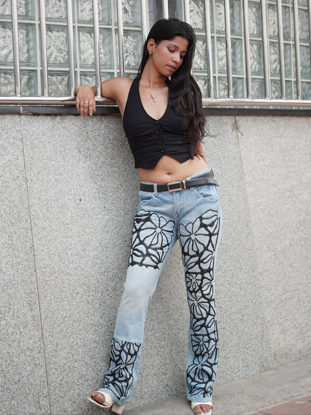 Bloom Story Denim - blue hand-embroidered denim