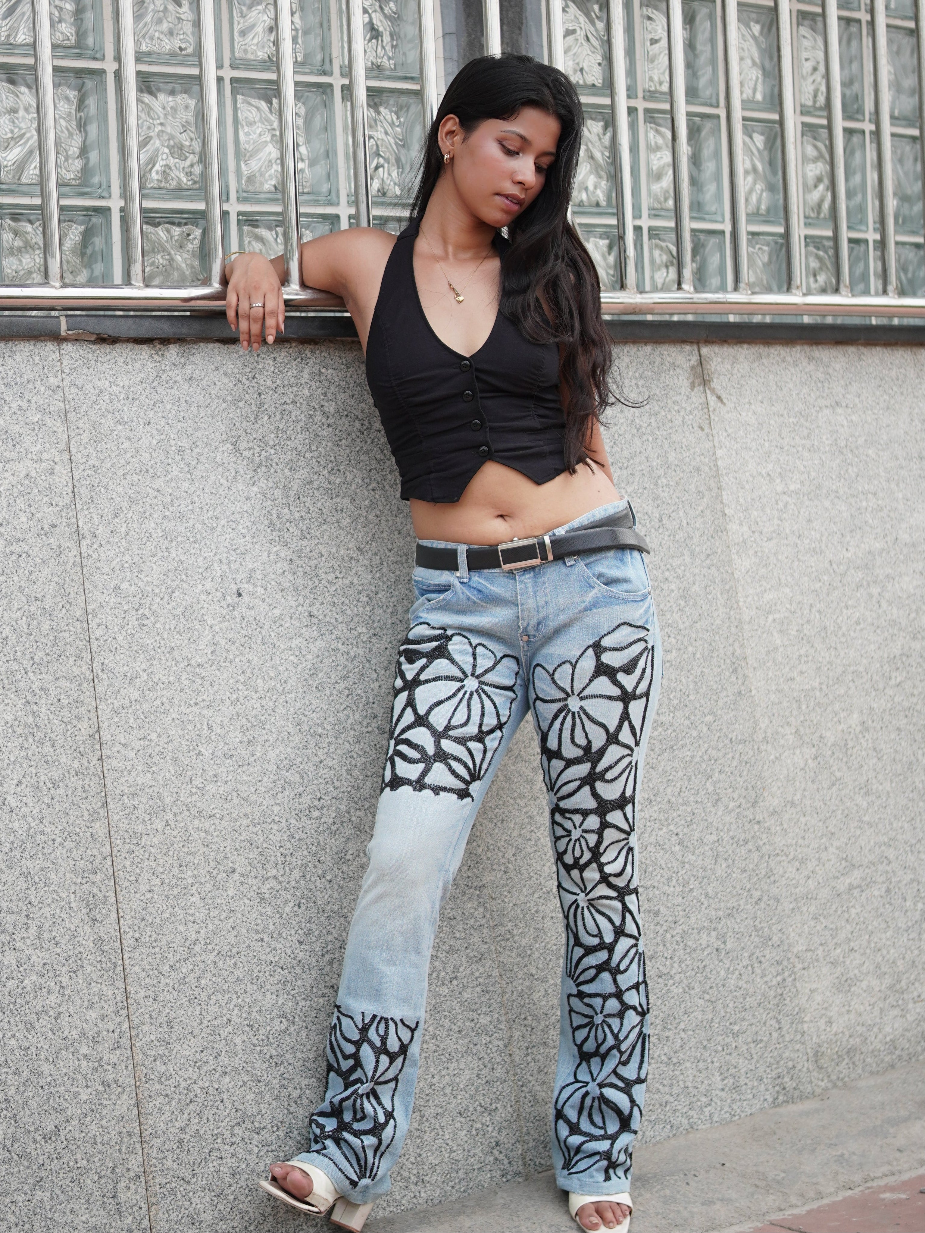 Bloom Story Denim - blue hand-embroidered denim