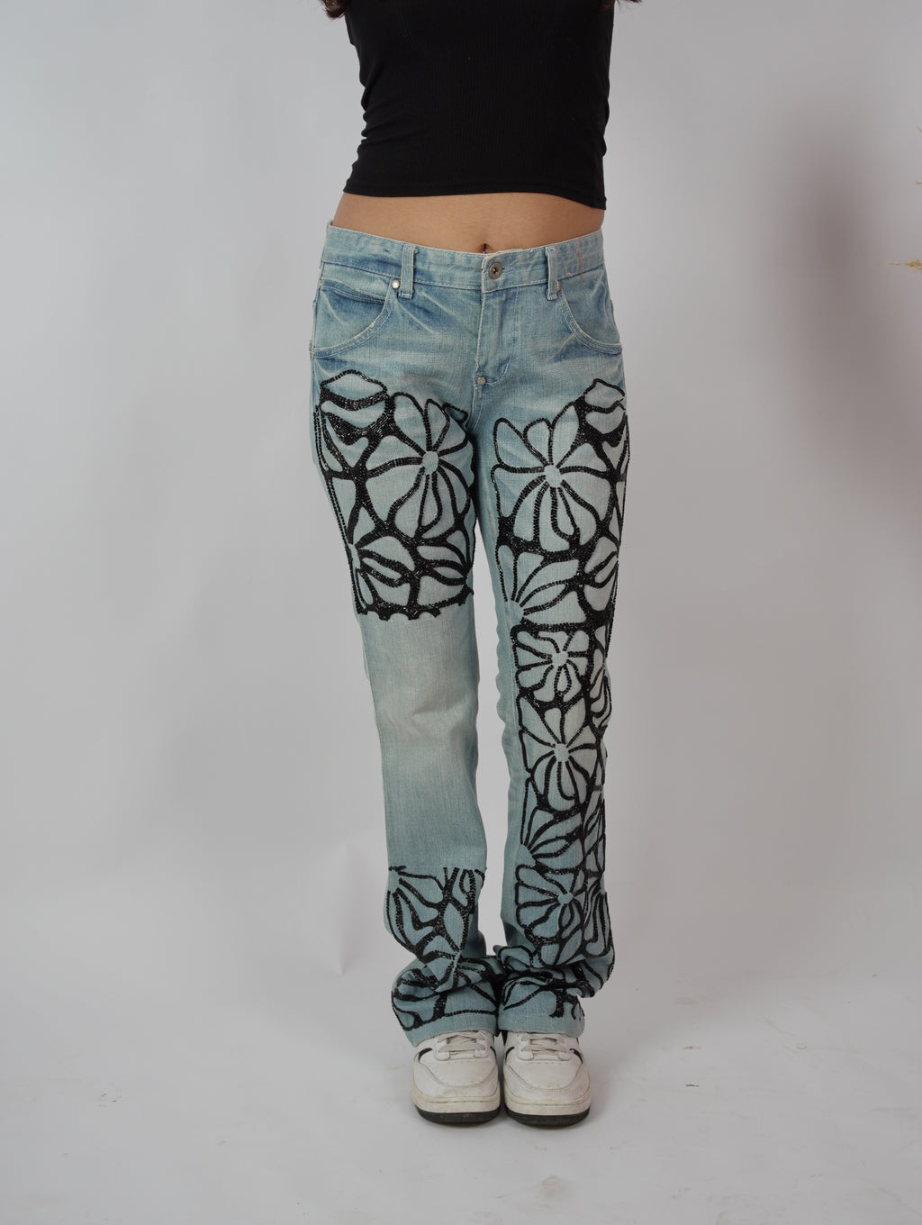 Bloom Story Denim close-up – floral cutdana embroidery