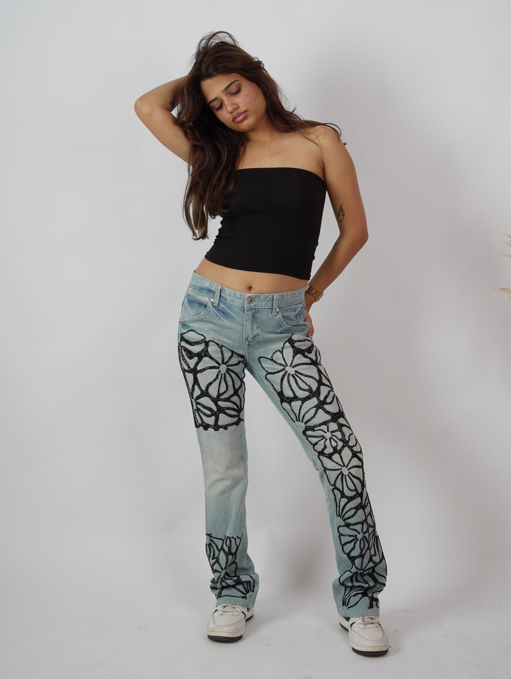 Bloom Story Denim front view – hand-embroidered floral denim