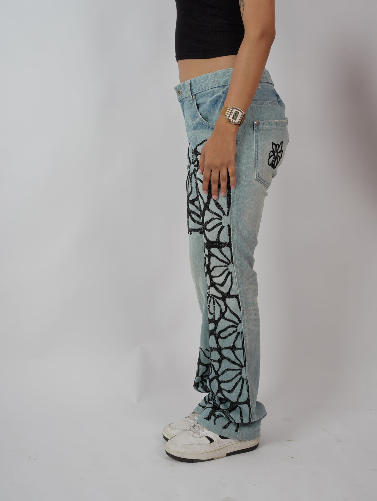 Bloom Story Denim side leg view – handcrafted beadwork denim