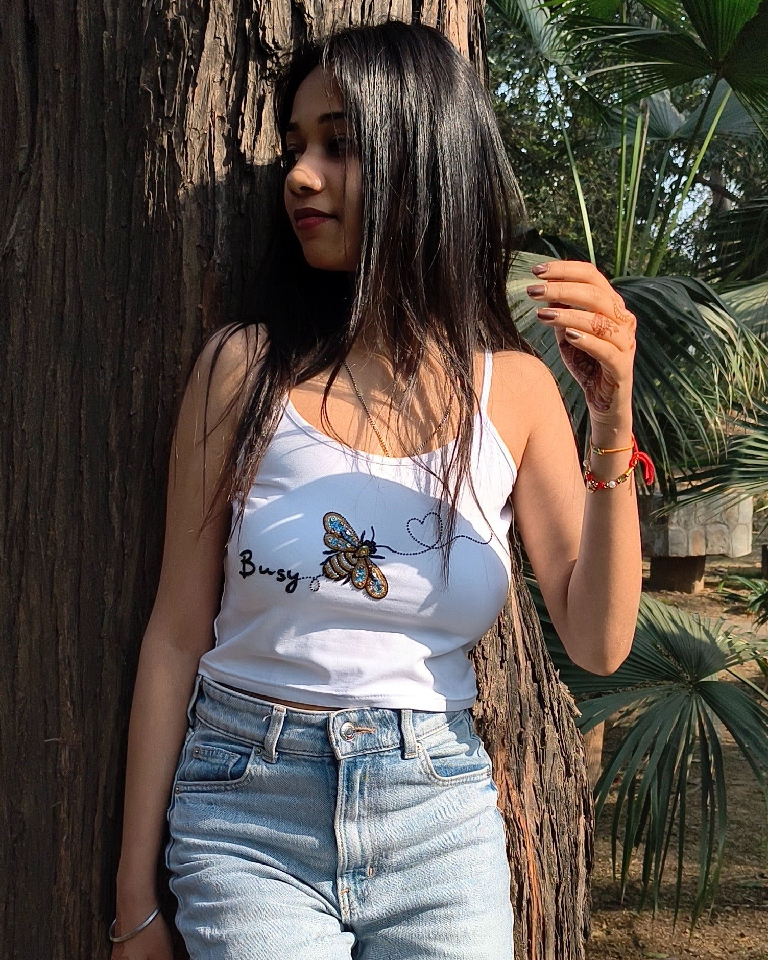 Bomi Top - hand-embroidered bee design top
