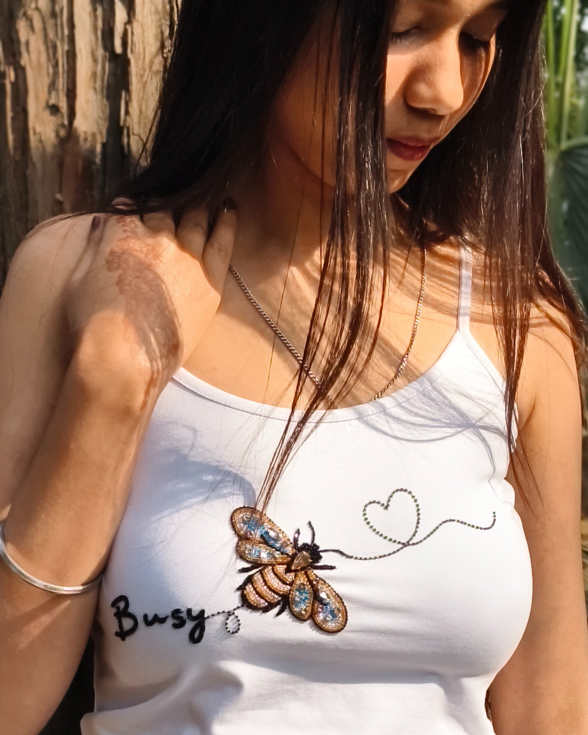 Bomi Top - hand-embroidered bee design top
