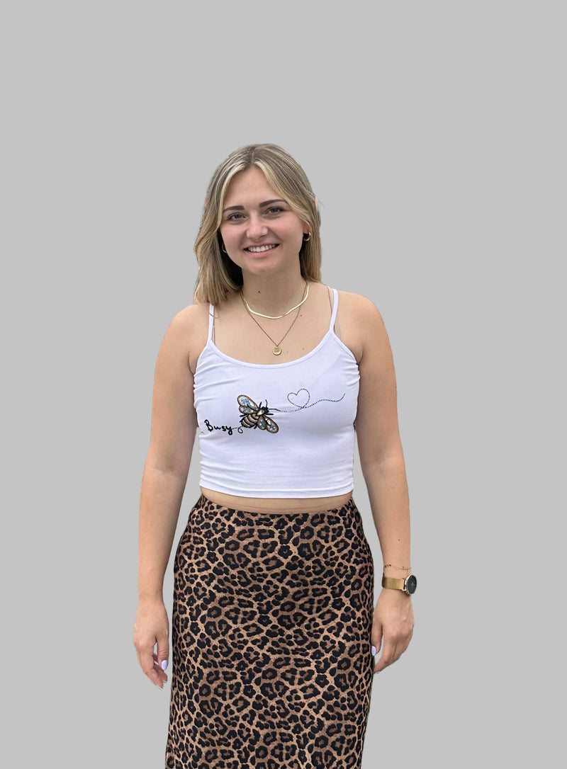 Bomi Top white cotton top with hand-embroidered bee motif and lettering
