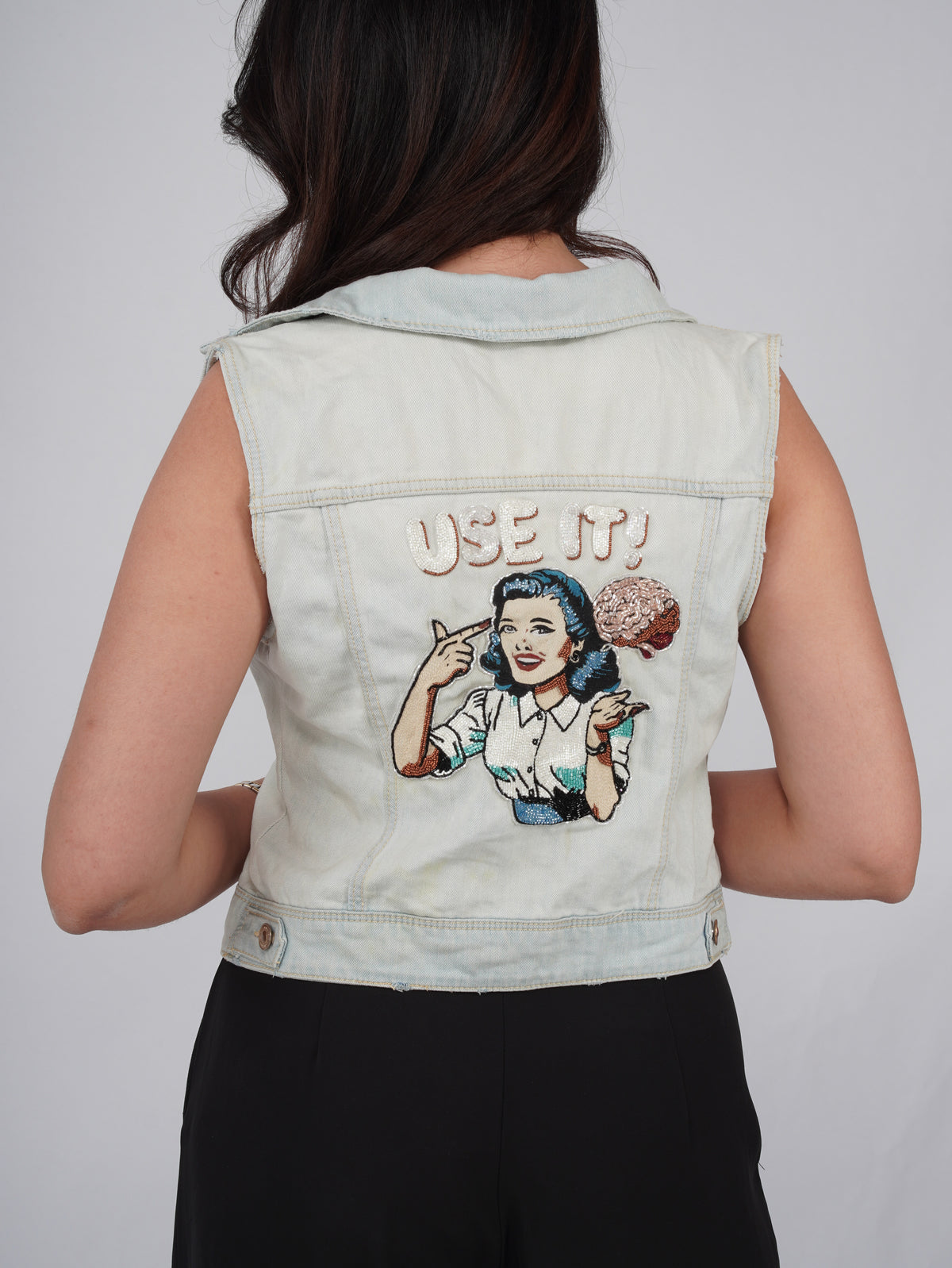 Brainwave Denim Vest close-up – pin-up cutdana beadwork detail