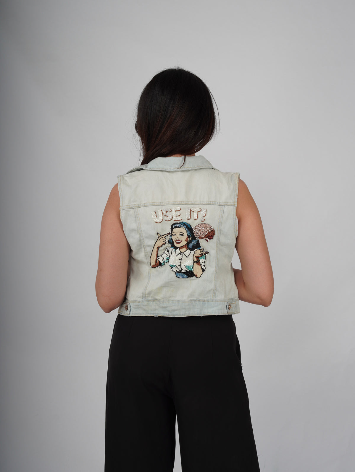 Brainwave Denim Vest – hand-embroidered pop art light wash denim