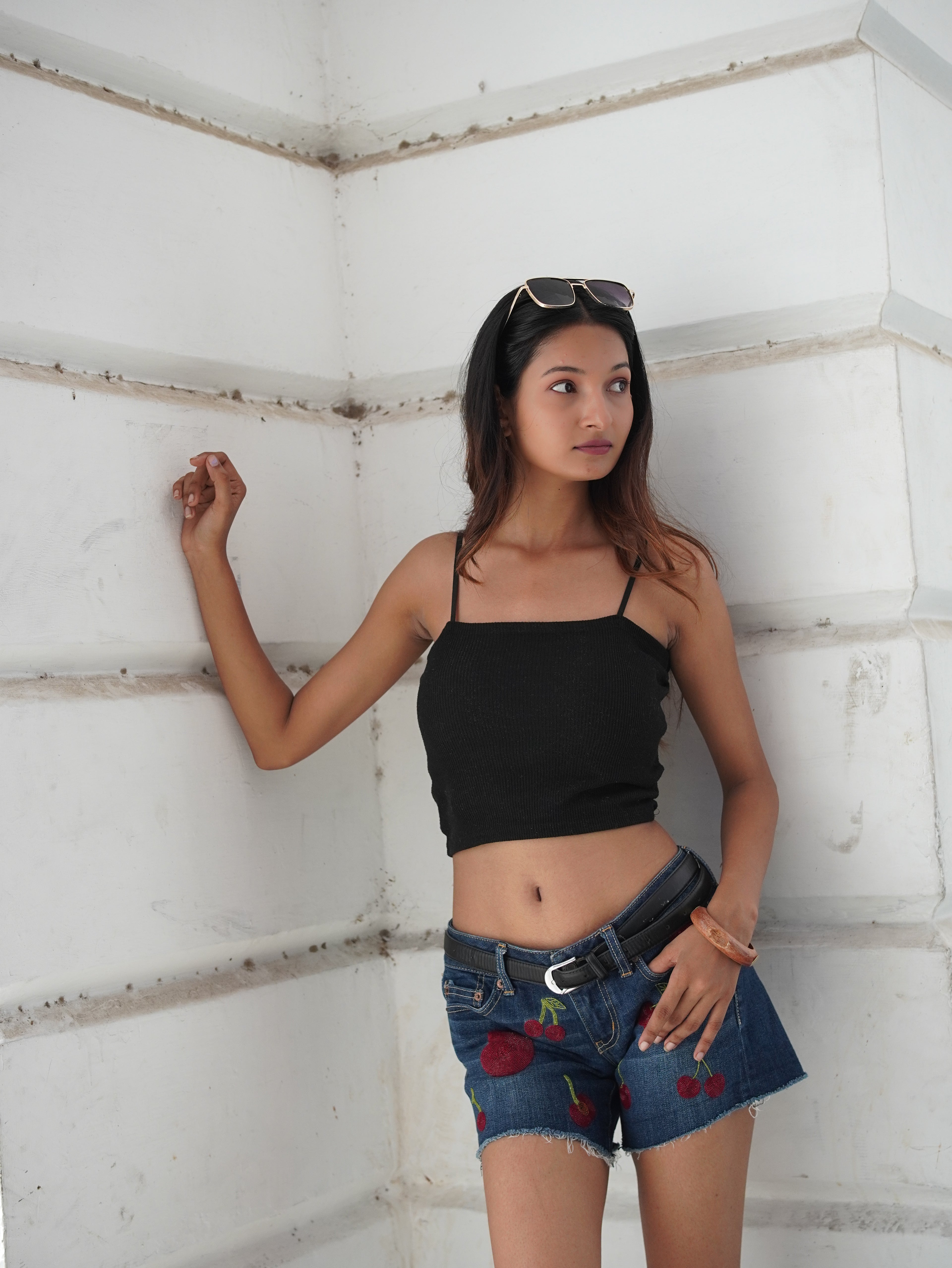 Cherry Pop Denim Shorts - blue hand-embroidered denim shorts