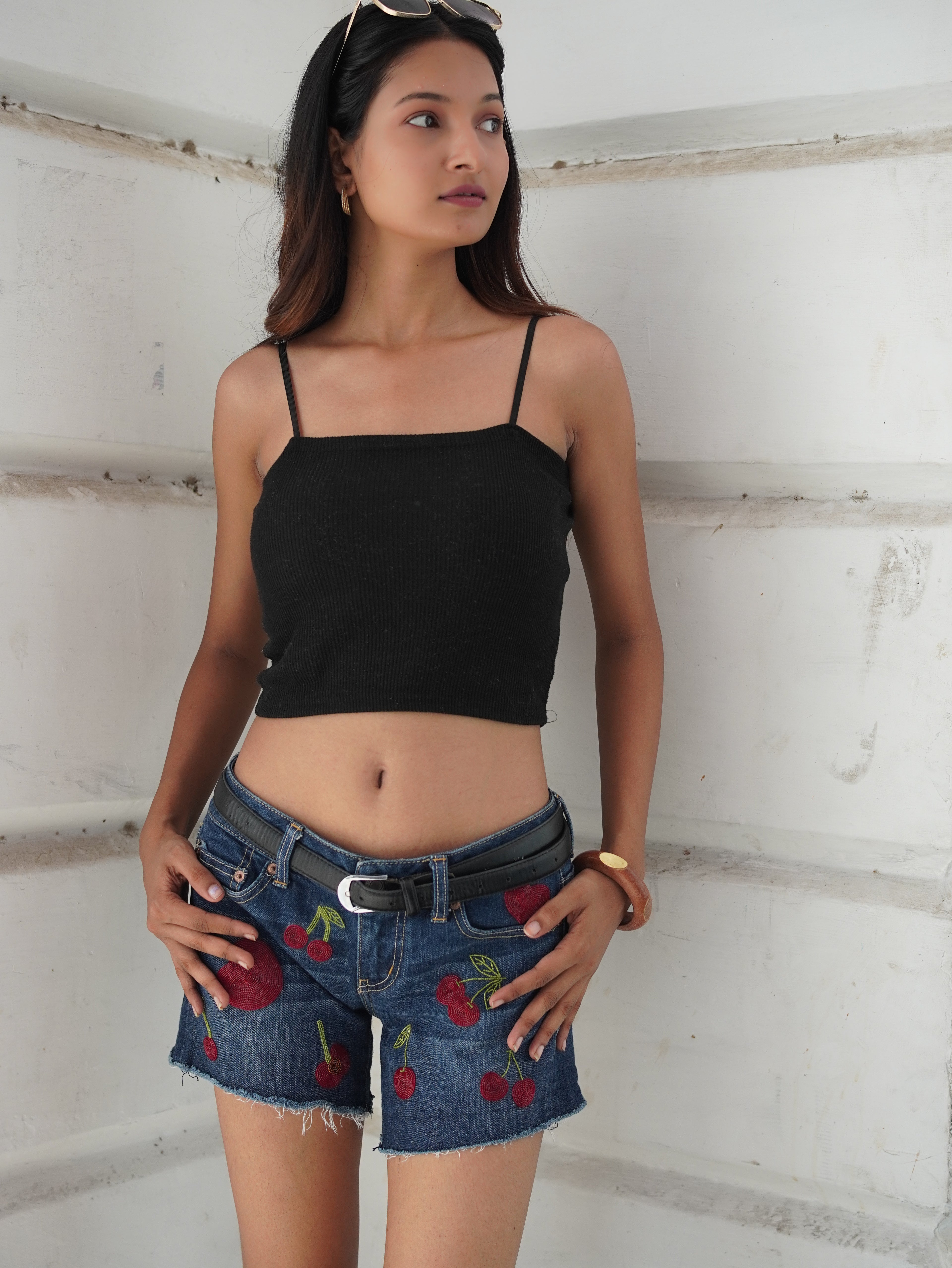 Cherry Pop Denim Shorts - blue hand-embroidered denim shorts