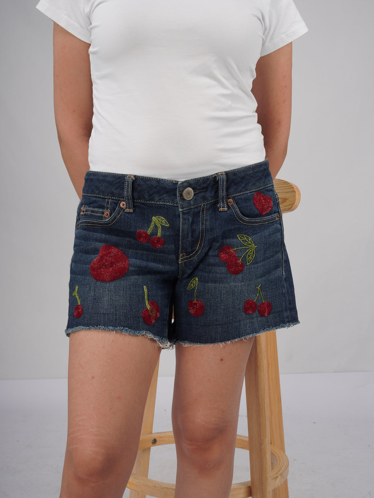 Cherry Pop Denim Shorts close-up – cherry beads and cutdana embroidery