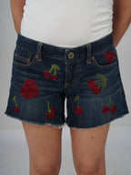 Cherry Pop Denim Shorts close-up view – cherry beads and cutdana embroidery