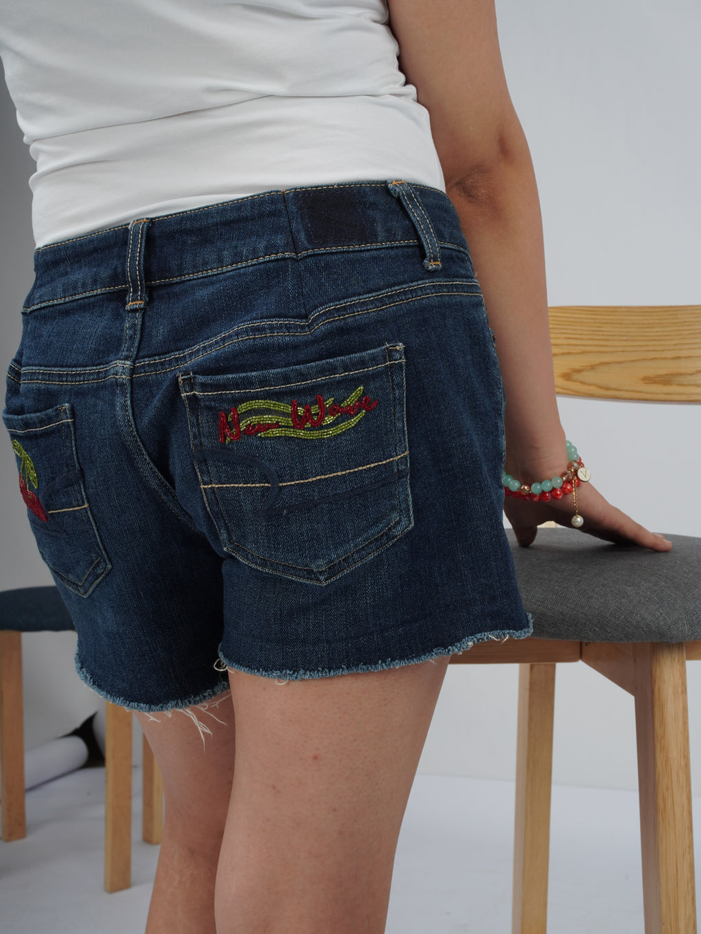 Cherry Pop Denim Shorts right back pocket – embroidered denim detail
