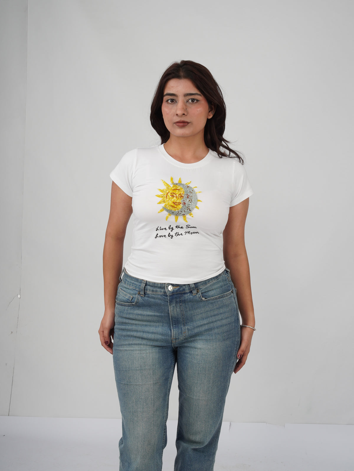 Dalhae Top front embroidery close-up – sun moon cutdana beadwork