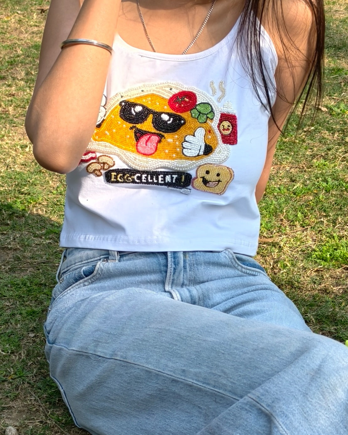 EGGZAA Top - front view styled look