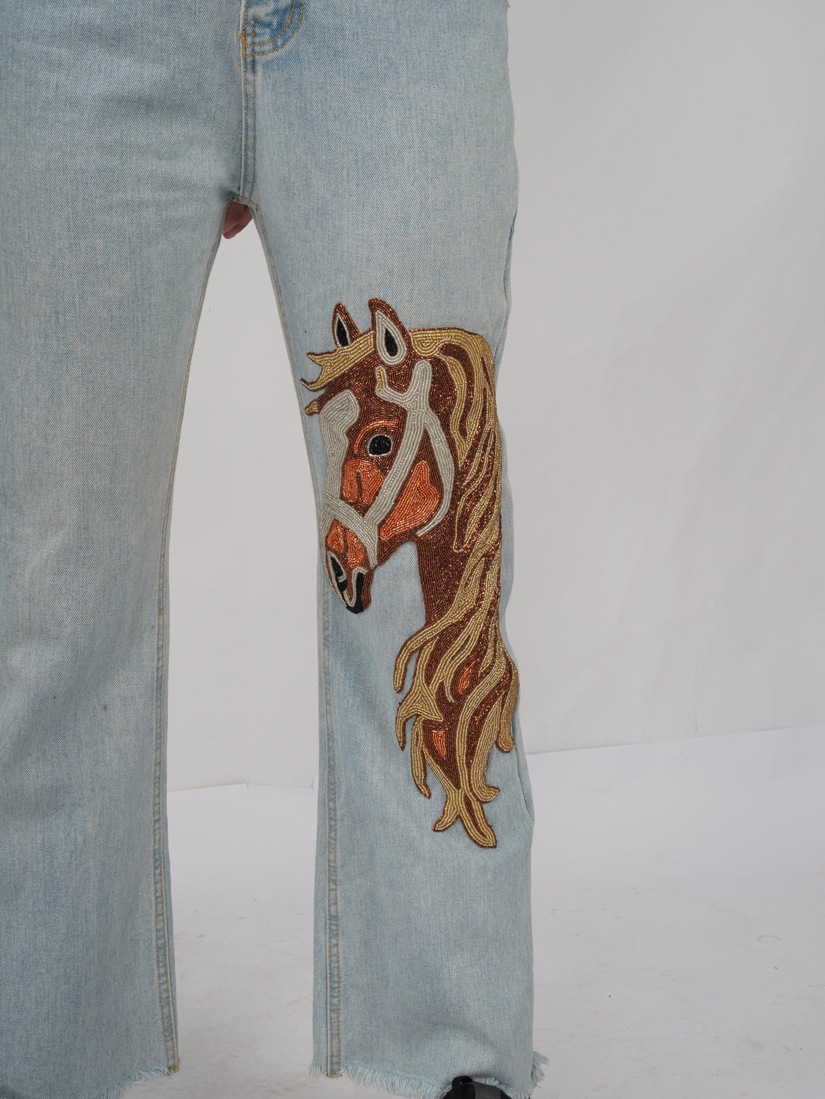 Ember Horse Jeans close-up view – threadwork embroidery detail