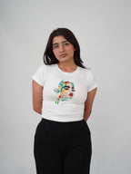 Fleur de Femme Top white cotton top with hand-embroidered feminine portrait and floral artwork
