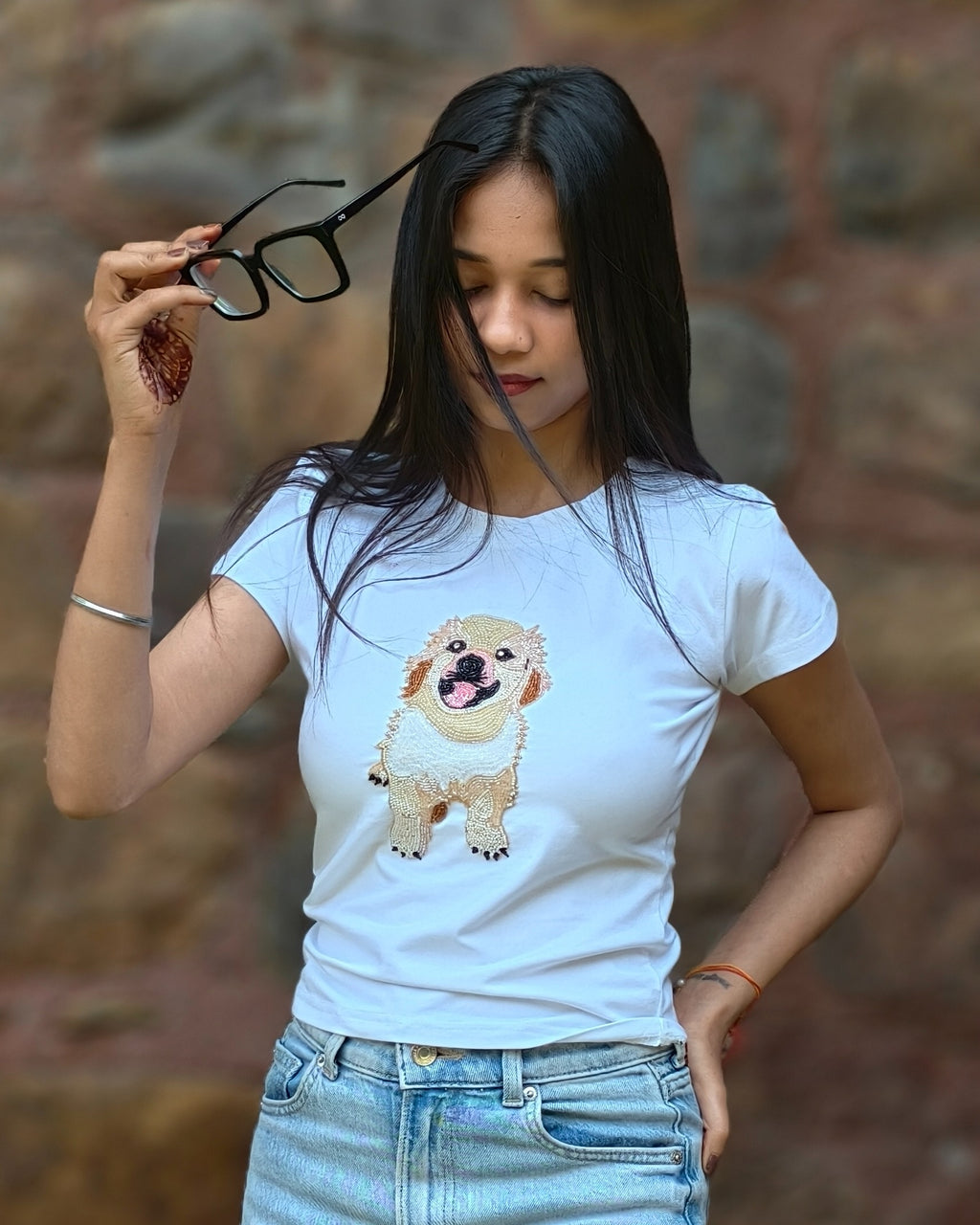 Golden Smiles Pup Top - hand-embroidered puppy design top