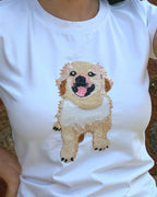 Golden Smiles Pup Top - close-up of pup embroidery detailing