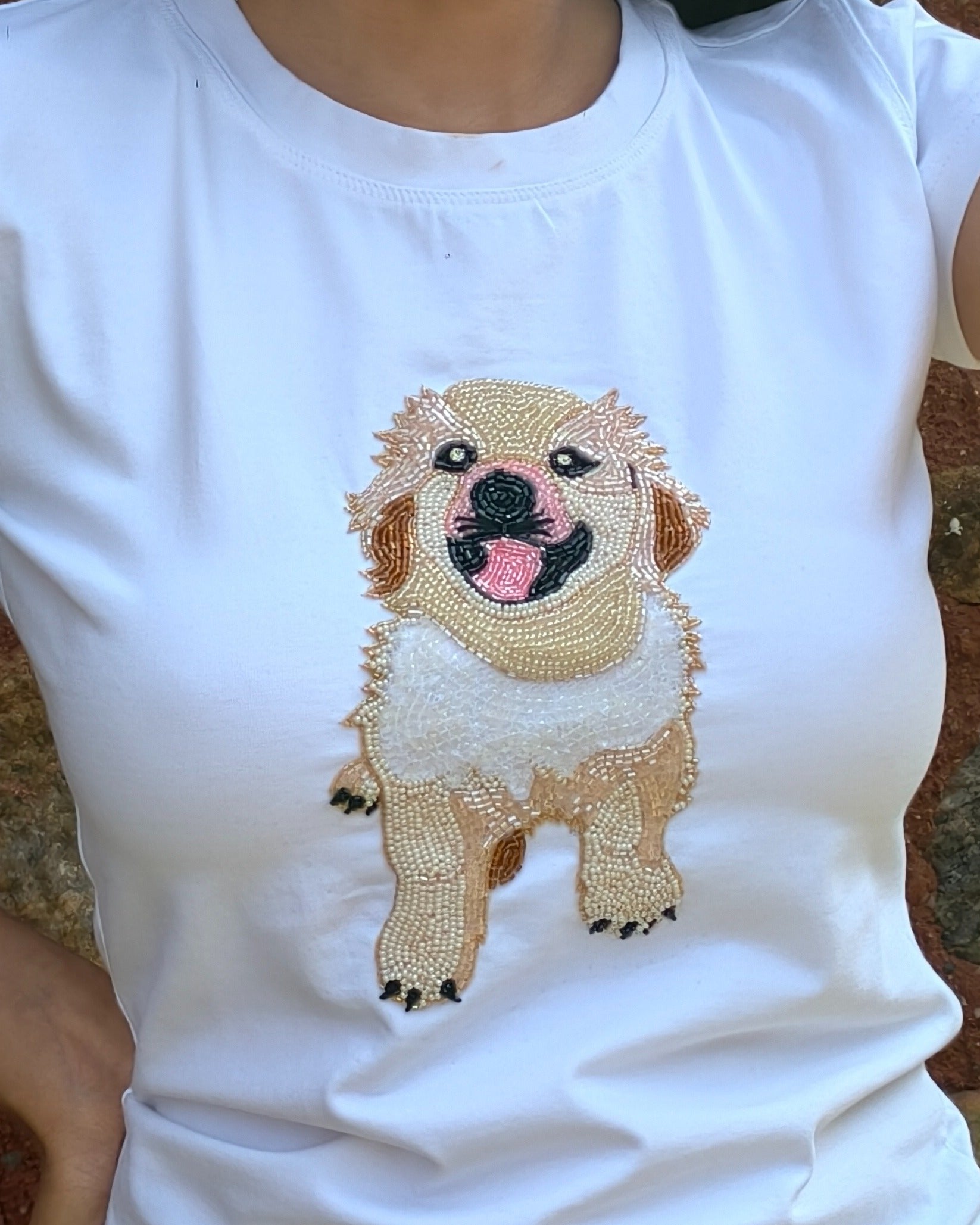 Golden Smiles Pup Top - close-up of pup embroidery detailing