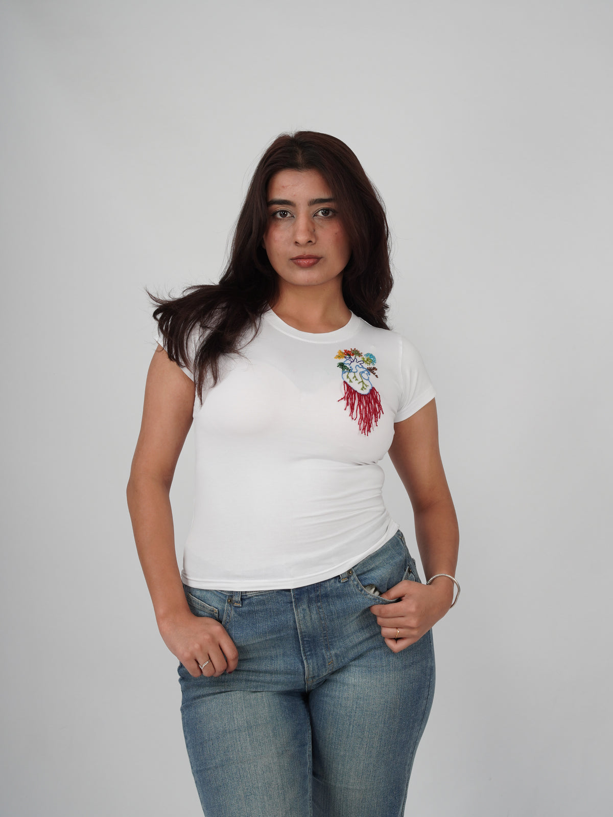 Heart in Bloom Top – hand-embroidered heart white top