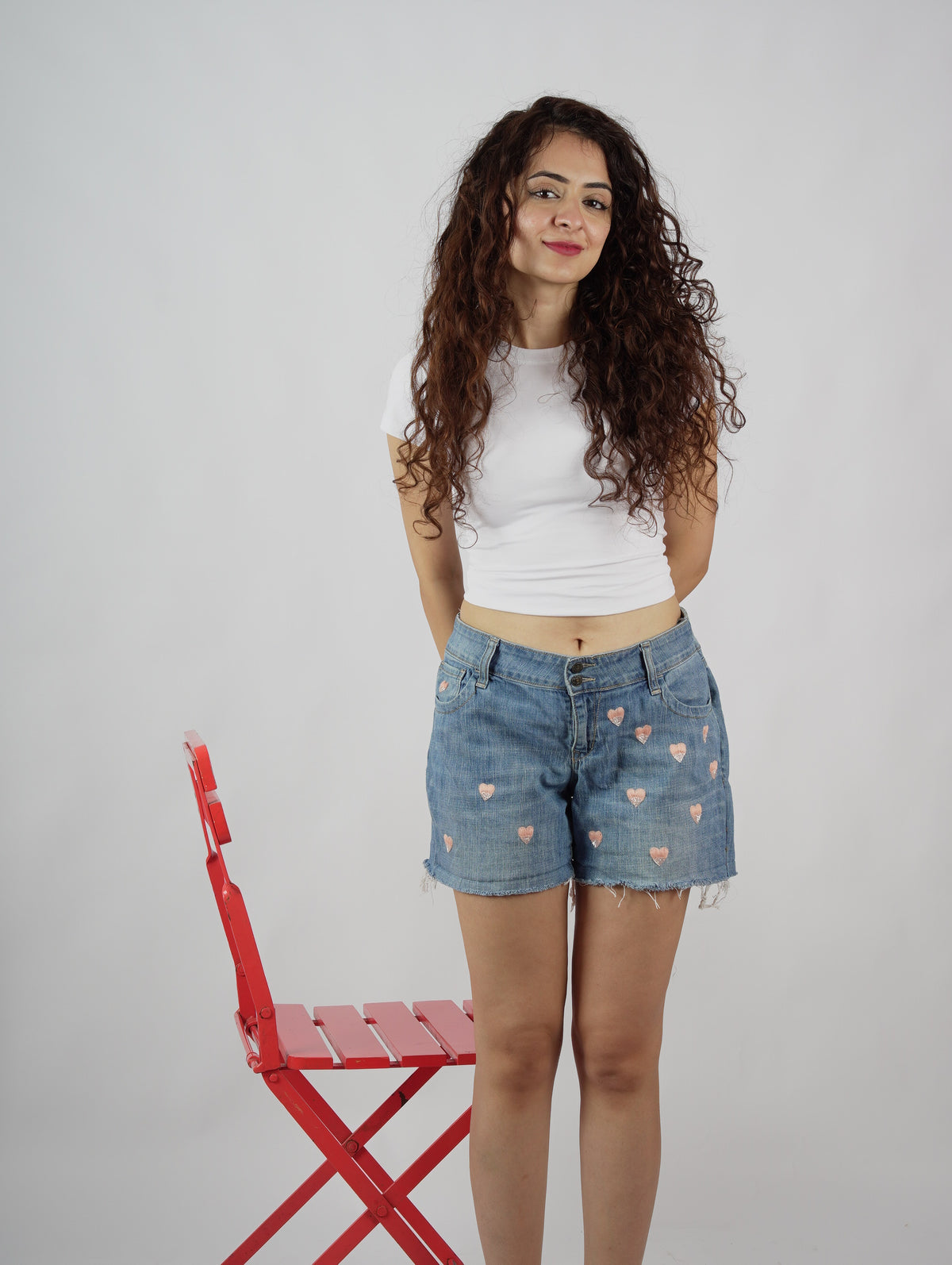 Love Glitch Shorts front view – embroidered denim shorts