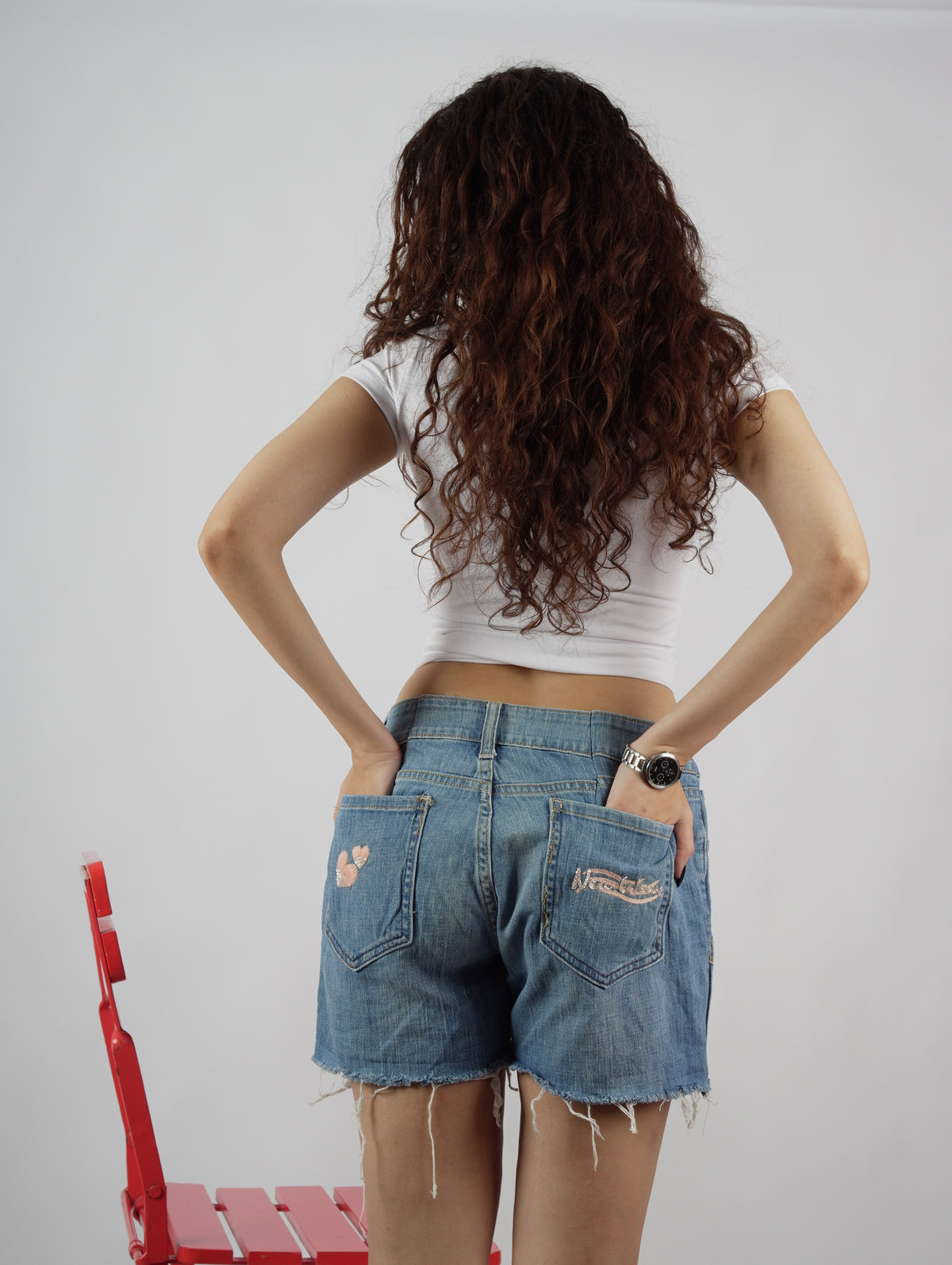 Love Glitch Shorts back pockets view – embroidered denim shorts
