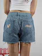 Love Glitch Shorts back view – embroidered denim shorts