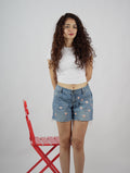 Love Glitch Shorts front view – hand-embroidered heart denim
