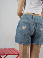 Love Glitch Shorts left back pocket – embroidered denim detail