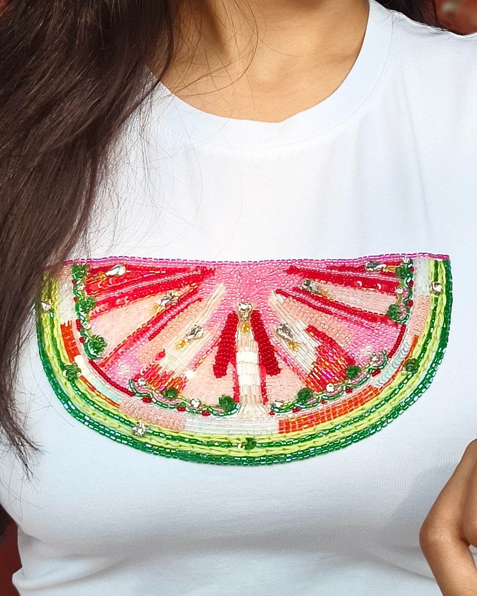 Melina Top - close-up of hand-stitched threadwork and Cutdana detailing