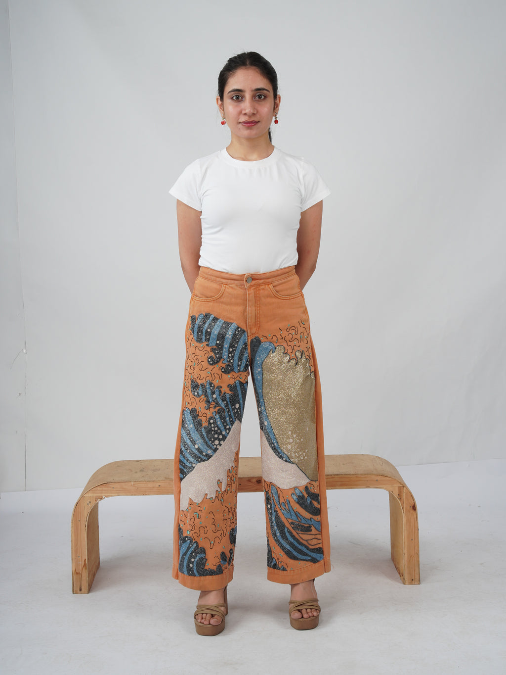 Ocean Reverie Denim front view – hand-embroidered wave denim