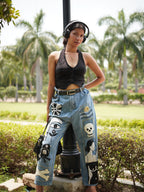 Pretty Mess Denim Jeans - blue hand-embroidered denim jeans