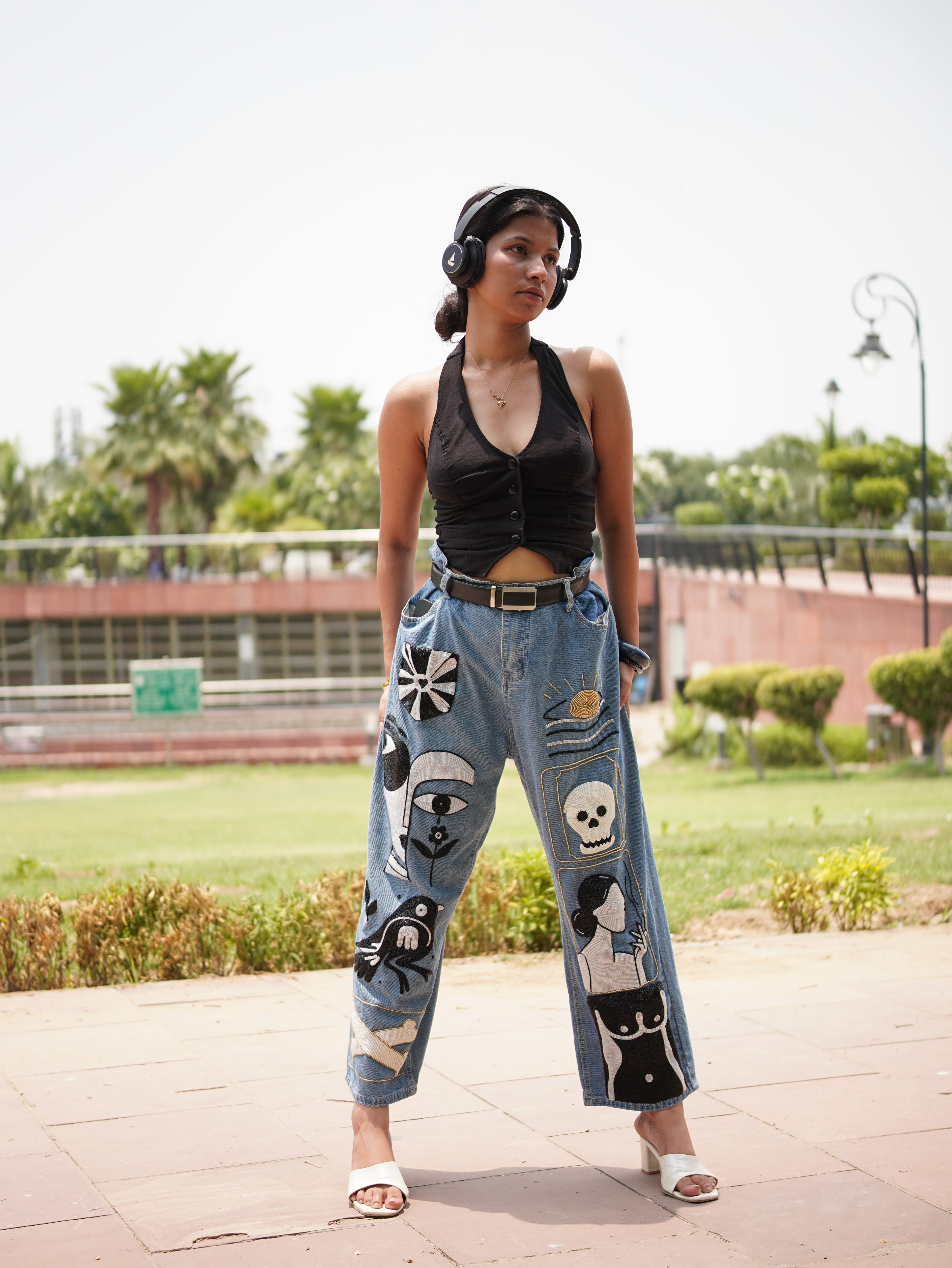 Pretty Mess Denim Jeans - blue hand-embroidered denim jeans