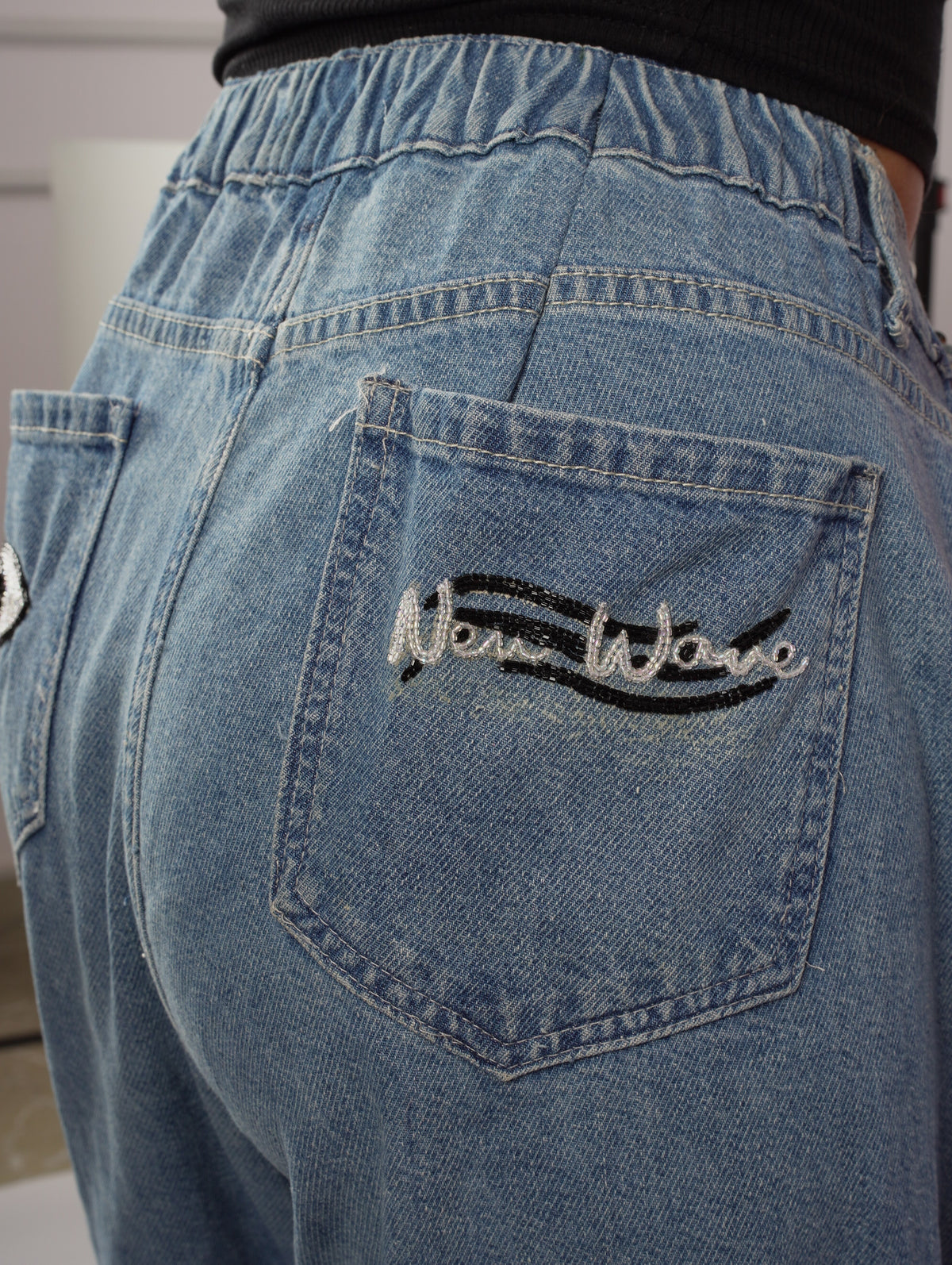 Pretty Mess Denim Jeans Right Pocket close-up – cutdana beadwork detail