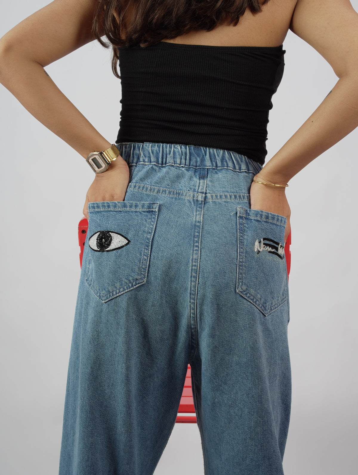 Pretty Mess Denim Jeans back view – embroidered denim jeans