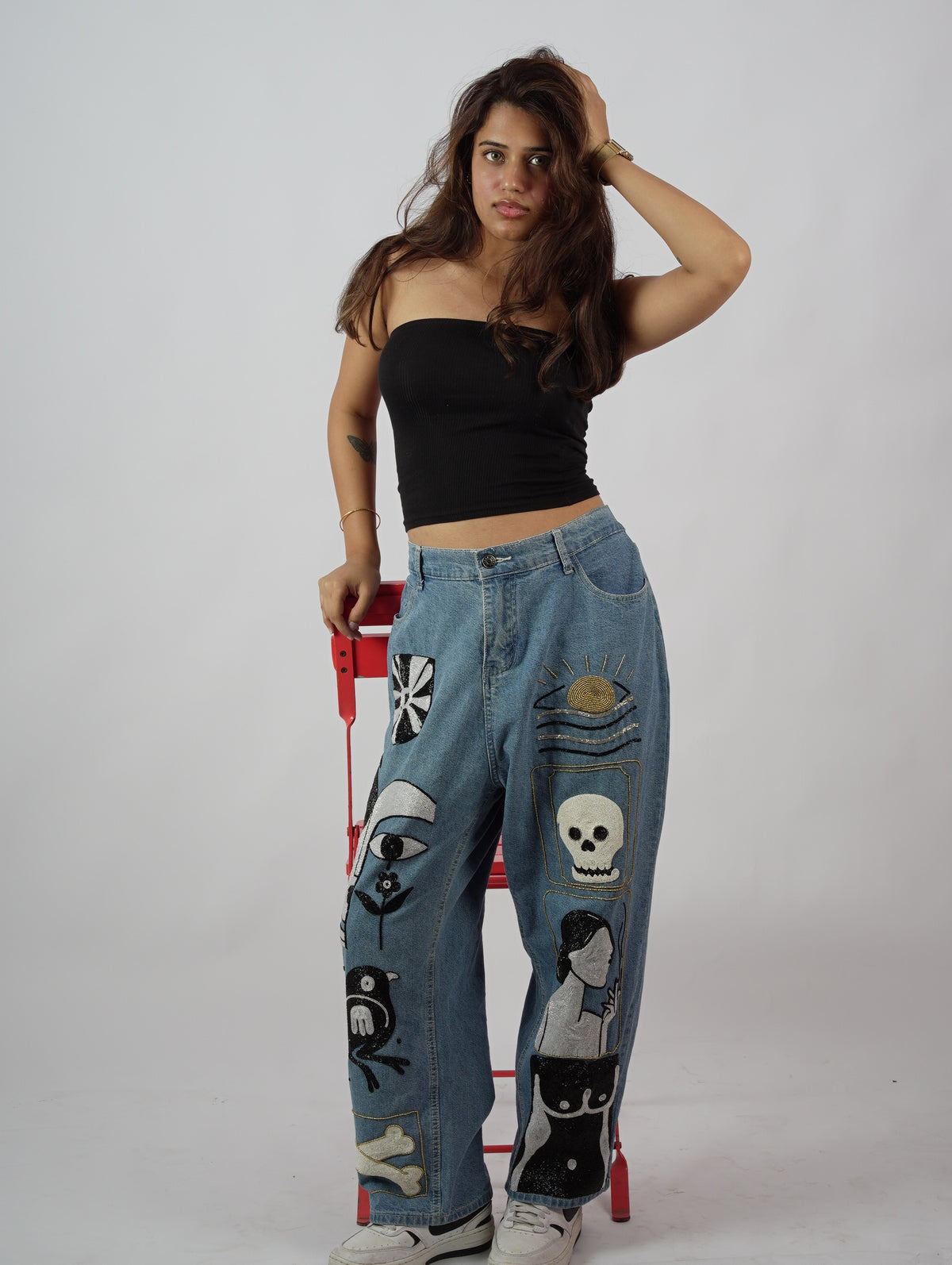 Pretty Mess Denim Jeans – hand-embroidered cutdana denim