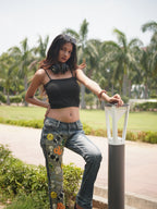 Retro Pop Art Jeans - blue hand-embroidered denim jeans