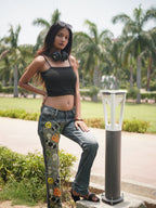 Retro Pop Art Jeans - blue hand-embroidered denim jeans