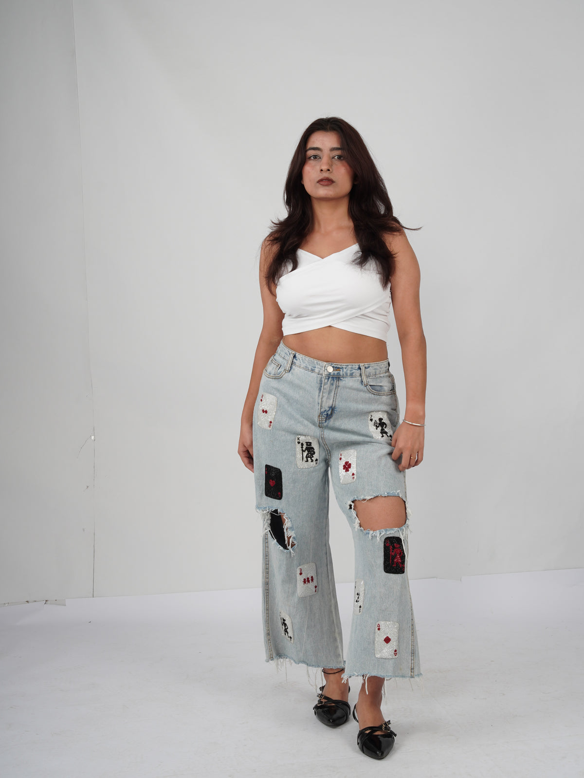 Royal Flush Denim front view – embroidered distressed denim jeans