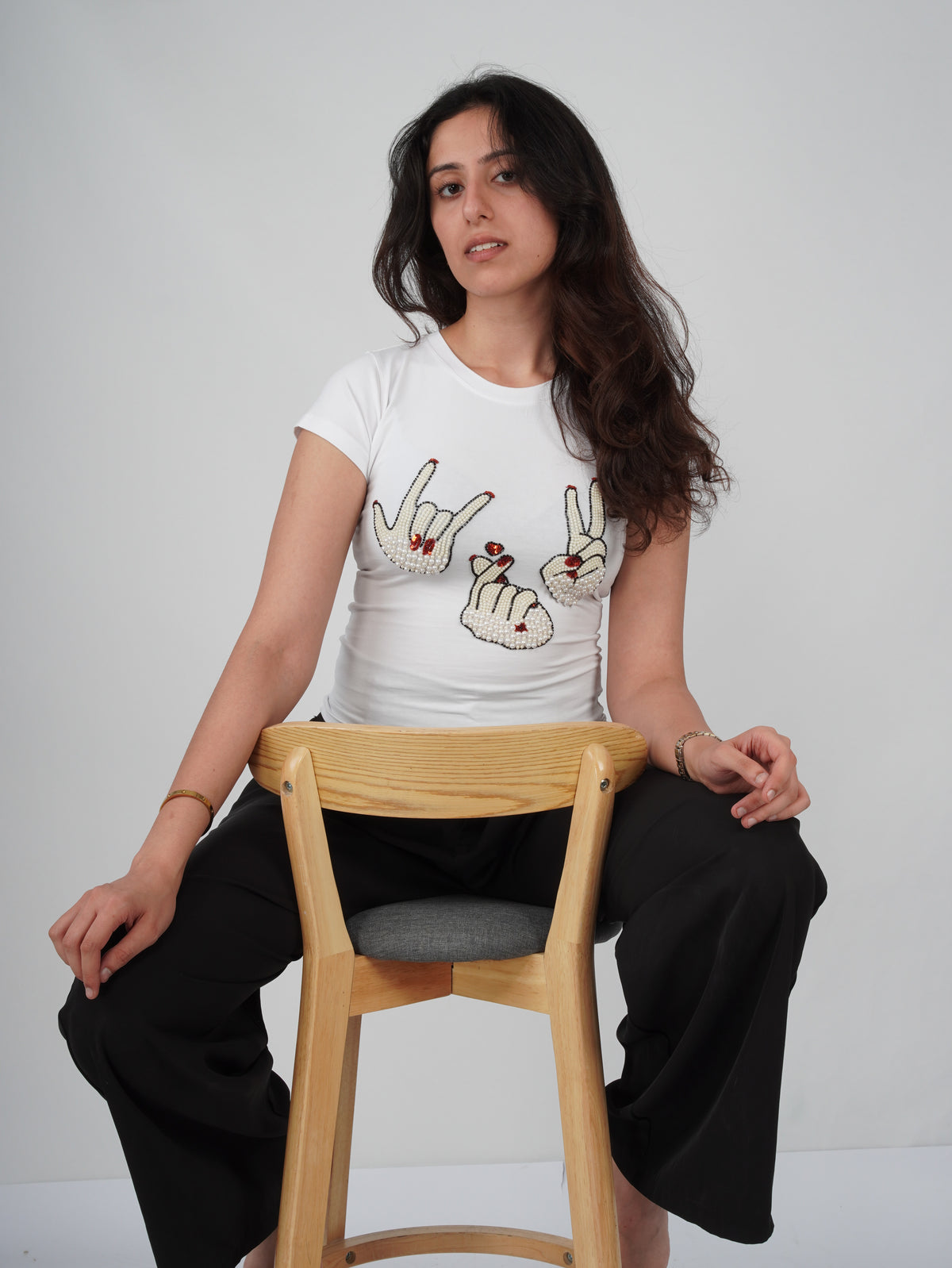 Sarang Sign Top white hand-embroidered cotton tee front view