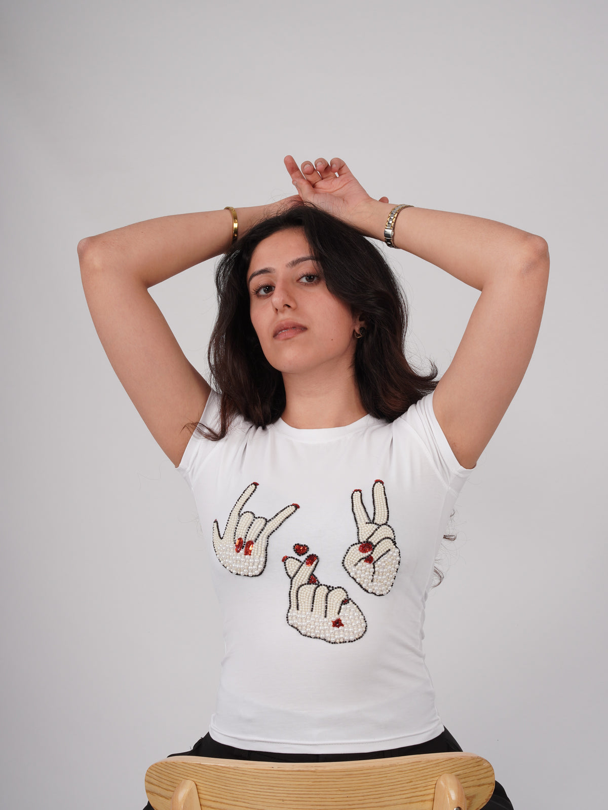Sarang Sign Top white tee showcasing intricate hand embroidery