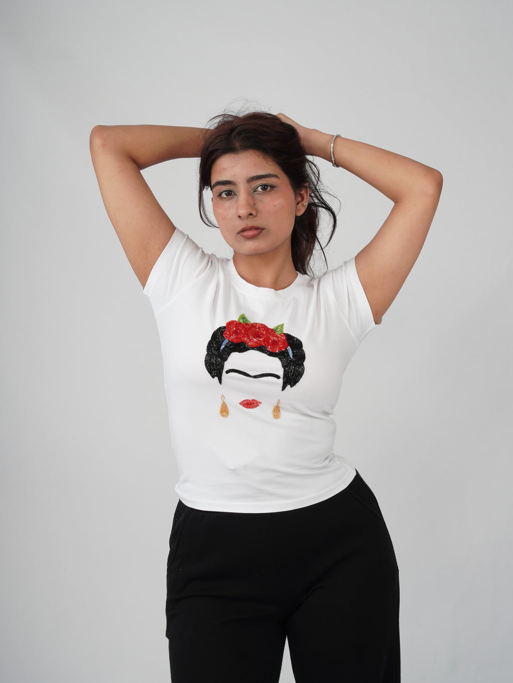 Still, I Rise Top white cotton tee with hand-embroidered portrait artwork