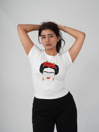 Still, I Rise Top white cotton tee with hand-embroidered portrait artwork