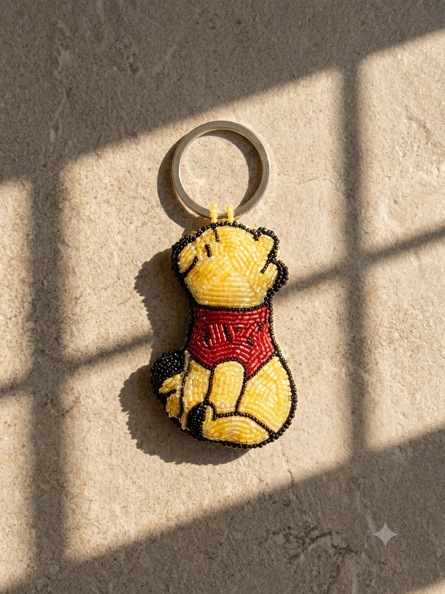 Beaded bear charm in gold fur, red top