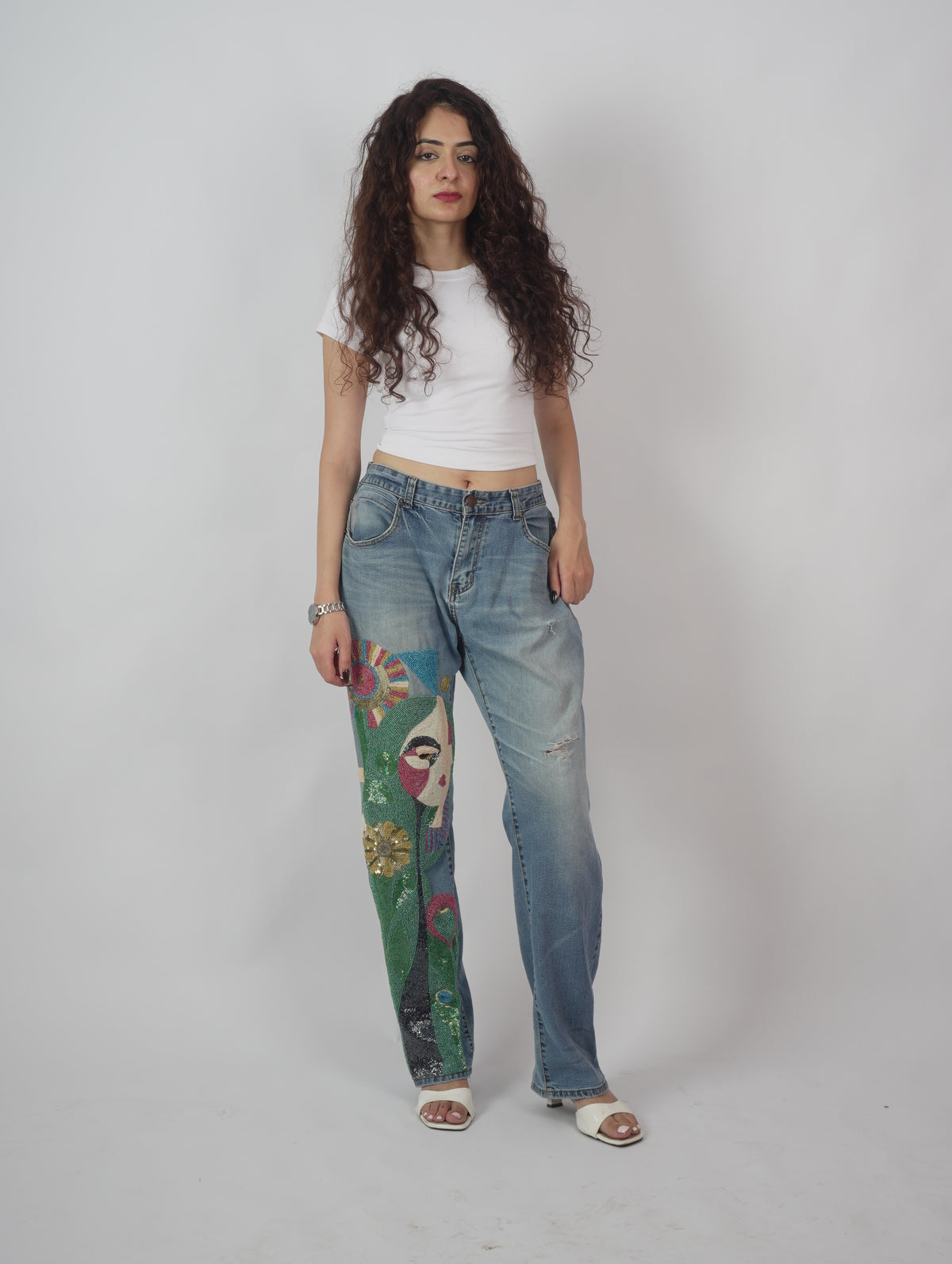 Vintage Muse Denim – hand-embroidered cutdana denim