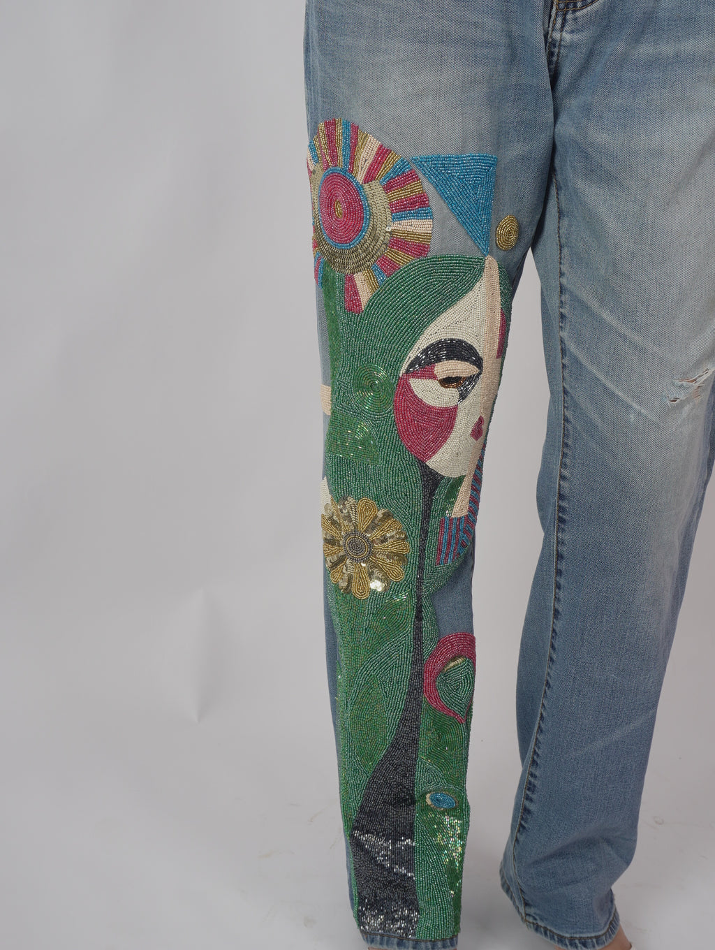 Vintage Muse Denim side view – handcrafted beadwork denim